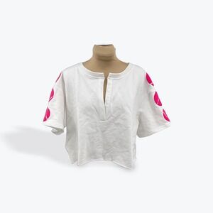 White Cropped Sweatshirt Neon Pink Tennis Ball Graphic Short Sleeve V‎ Neck